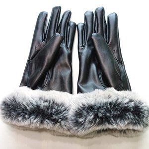 Vegan Leather Gloves with faux fur trim and velvet lining